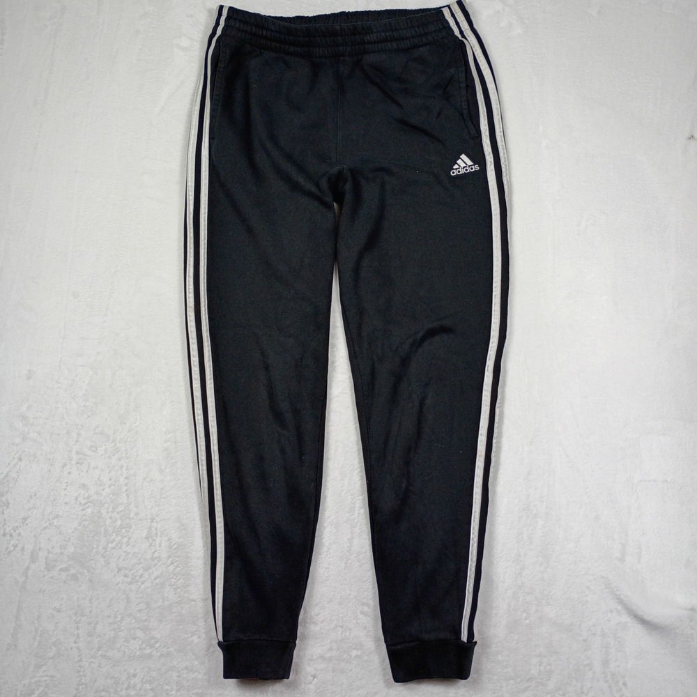 Adidas Boys XL 18/20‎ Black 3-Stripe Fleece Jogger Track Pants White Logo - Picture 2 of 6